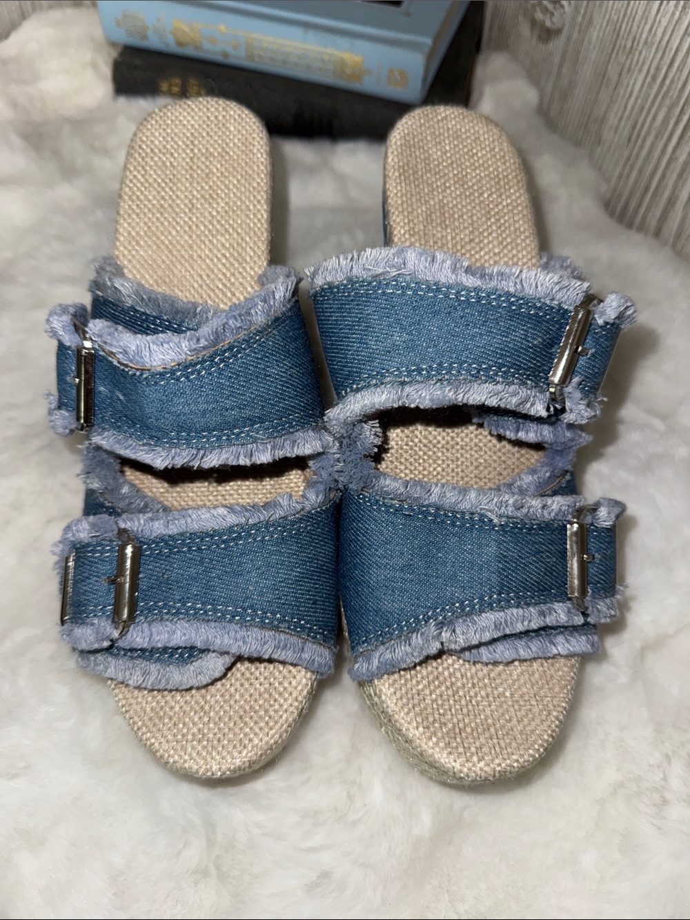 Frayed Denim Double-Strap Slide Sandals - Blue